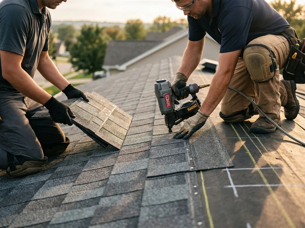 Professional roofer working on a residential roof in Mercedes